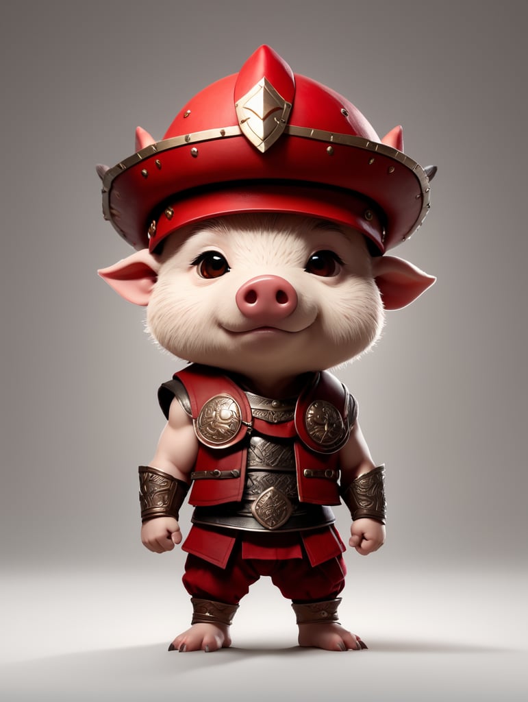 boar, gladiator, hat, simple background, pants, red headwear, vest, chibi, cinematic light