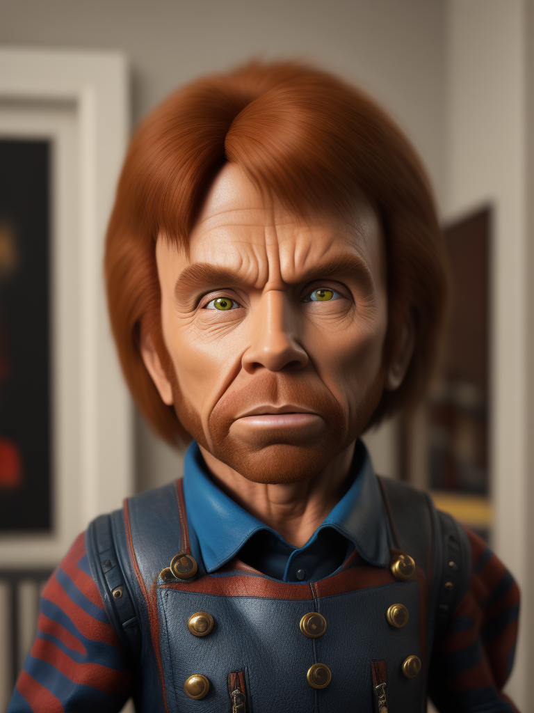 Chuck Norris as an evil Chucky doll, bright and saturated colors, highly detailed, fashion magazine, sharp focus, Dramatic Lighting