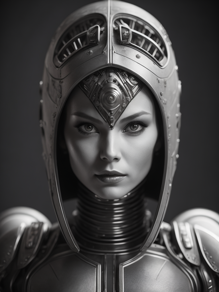 Female robot, Giger style, black and white, high contrast, metal face, many details, slim, stylized body