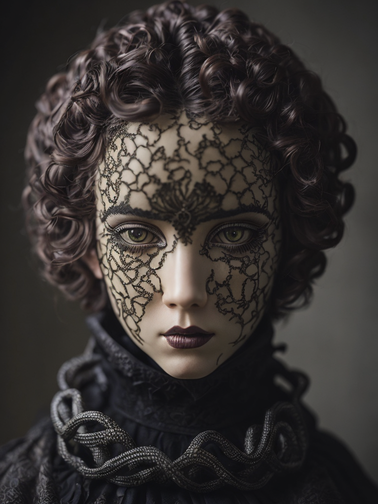 Quay Brothers style, Victorian porcelain doll's head, hair made of black mamba snakes, intricate black lace, muted colors, gothic horror, highly detailed