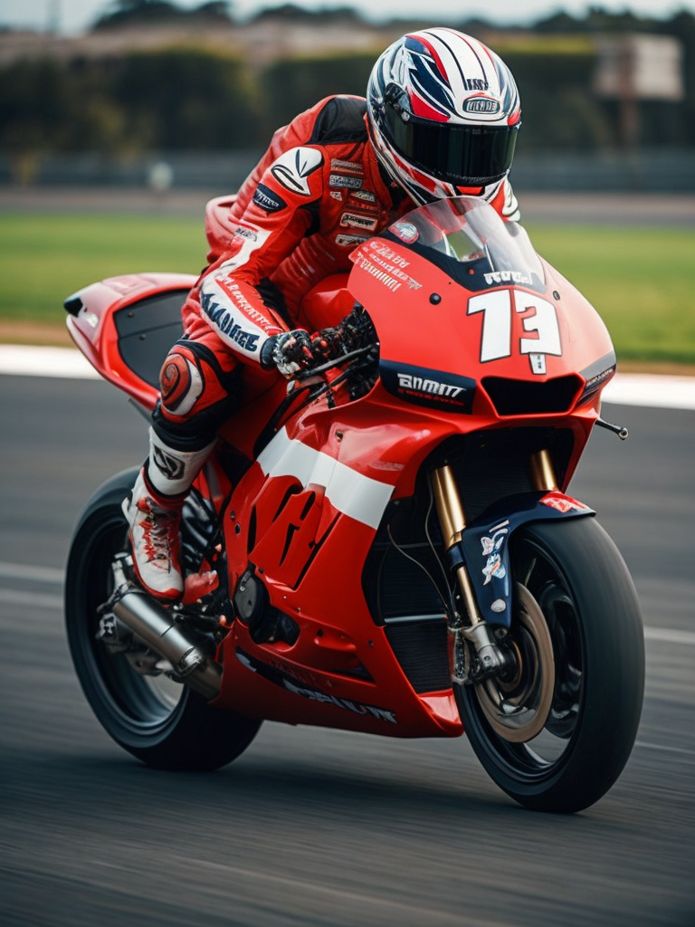 motogp racer on a bike, red colors, on the background of the race track