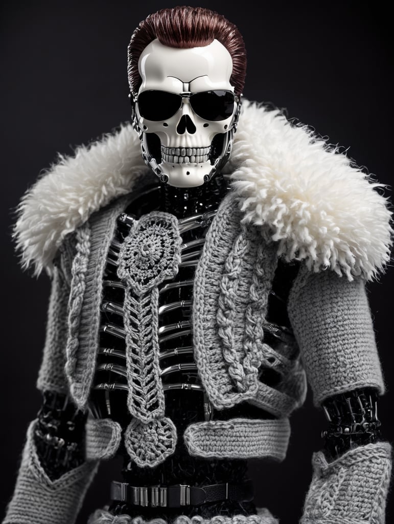 a metal skeleton of a terminator t-800 wearing very hirsute crocheted sweaters for sheeple, portrait