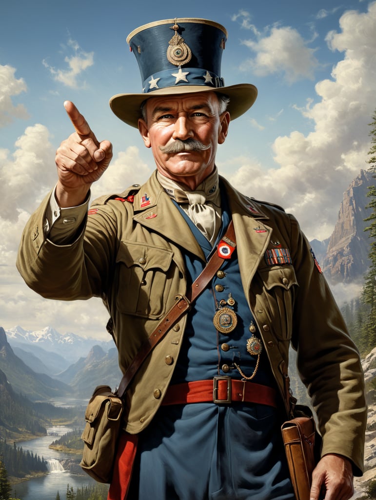 Image of Scoutmaster, Robert Stephenson Smyth Baden-Powell, looking and pointing his index finger forward, as if to say: Hey, you! Reminiscent of the famous illustration of Uncle Sam, with the hat and clothes by Robert Stephenson Smyth Baden-Powell.