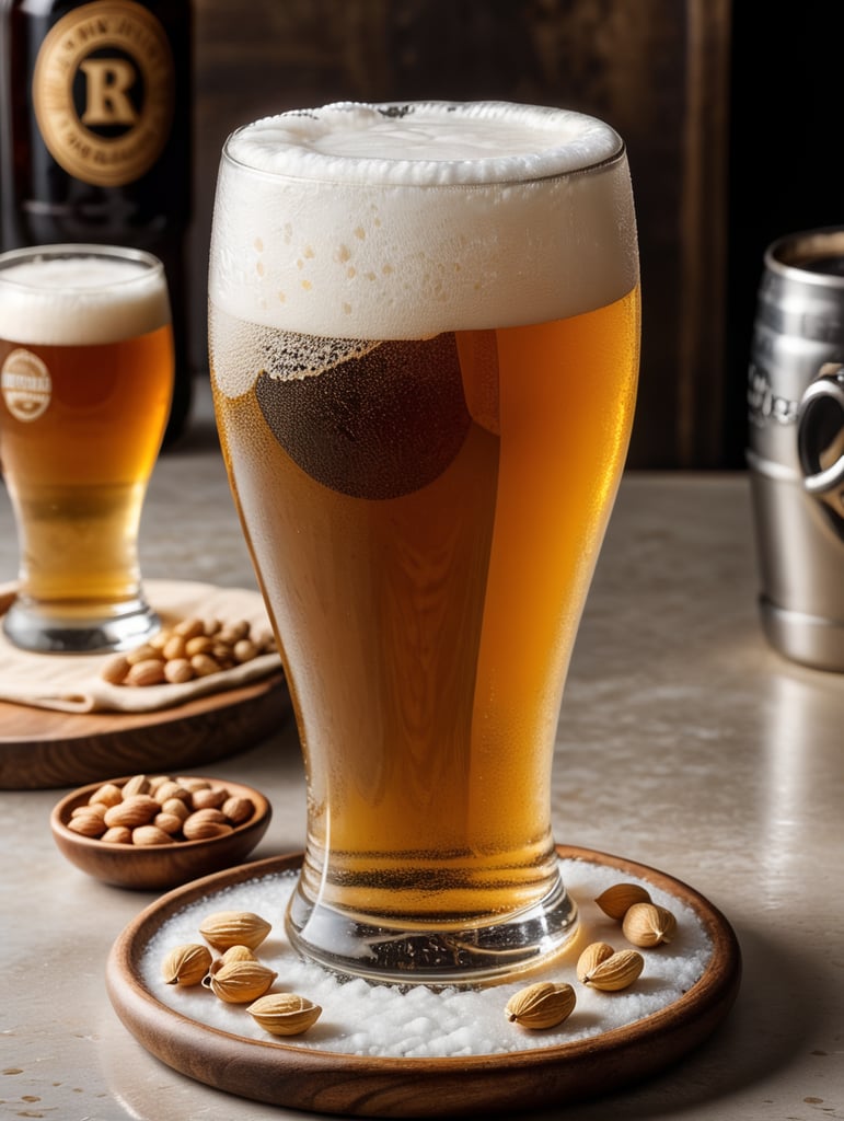 small round stainless steel plate filled with dry peanuts, one gorgeous pint of beer, beer swirl inside glass, one inch of white foam on top, transparent beer, frozen glass, advertisement, highly detailed