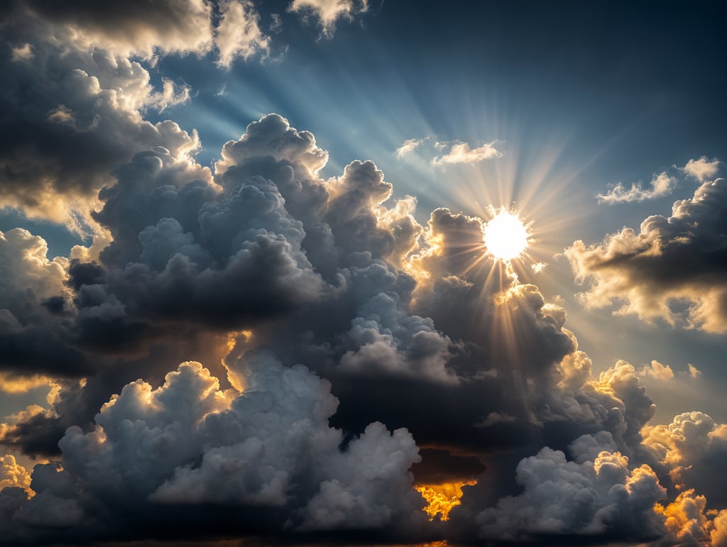 fluffy Clouds on black sky, Sun rays breaking through clouds, photo realistic