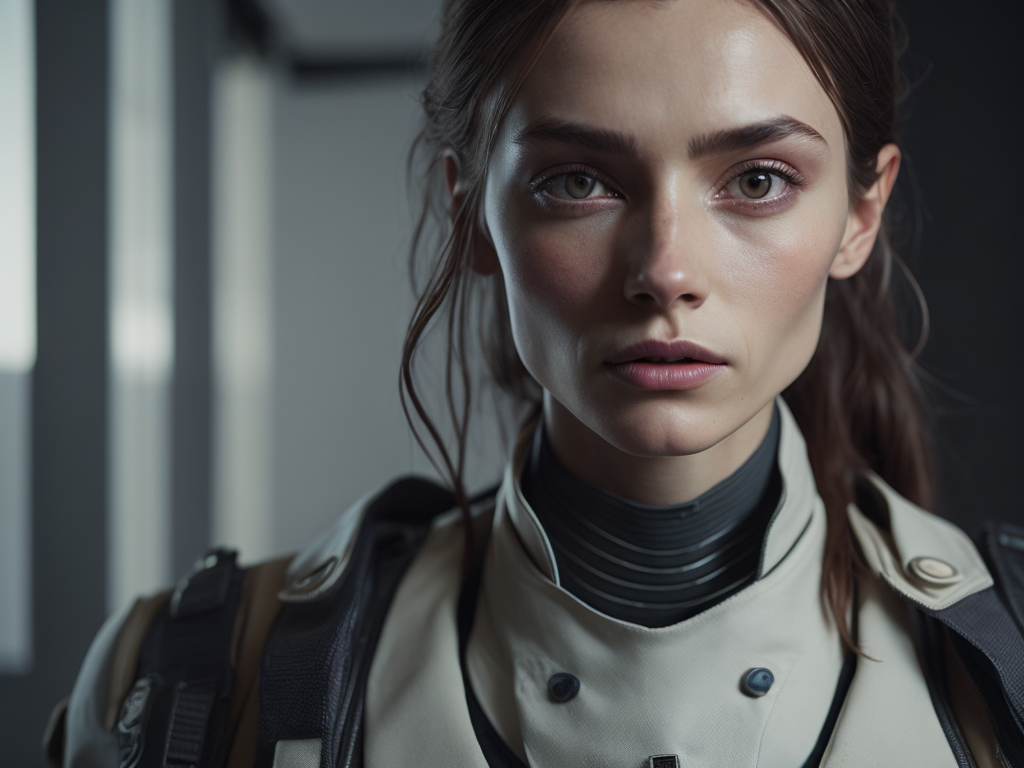 super soldier girl, slim, full detail face, killing eyes, europeans girl, white women, white skin, pretty face, small hip, narrow waist, xmech, high detail, realistic, photo quality, high quality, (photorealistic:1.4), science fiction, highly detailed, masterpiece, high-quality shadow, (face closeup)