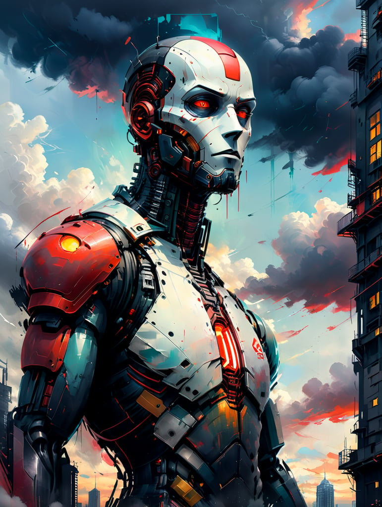 man in black suit, red robotic head Standing on top of building, with dark clouds in the sky