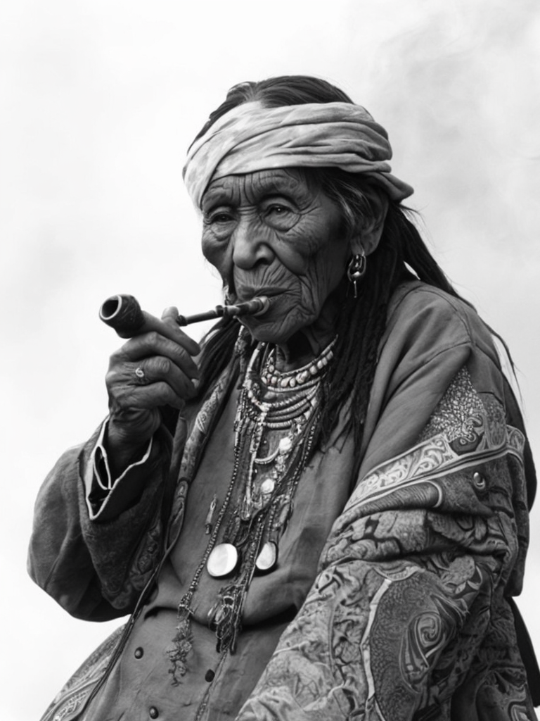 Canada's First Nations people, rare historical photo, black and white photography, a old woman smoking a pipe, redskin, native Americans