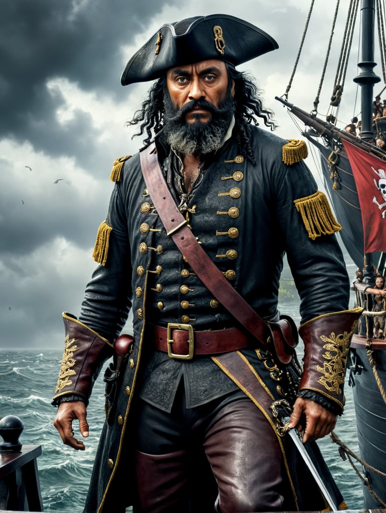 Taika Waititi as Blackbeard from TV series Our Flag Means Death in the rain on the pirate ship, cinematic, dark colours, wearing leather clothes