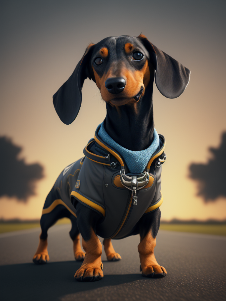 cute stylish dachshund dressed in stylish futuristic sportswear, big sneakers in a cartoon style running fast through a field.