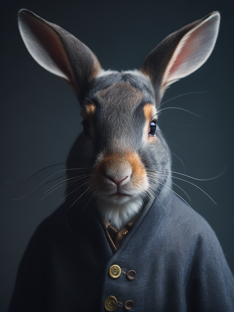 a portrait of a rabbit wearing a ship skin coat, details, focus on details, deep atmosphere, photo realistic