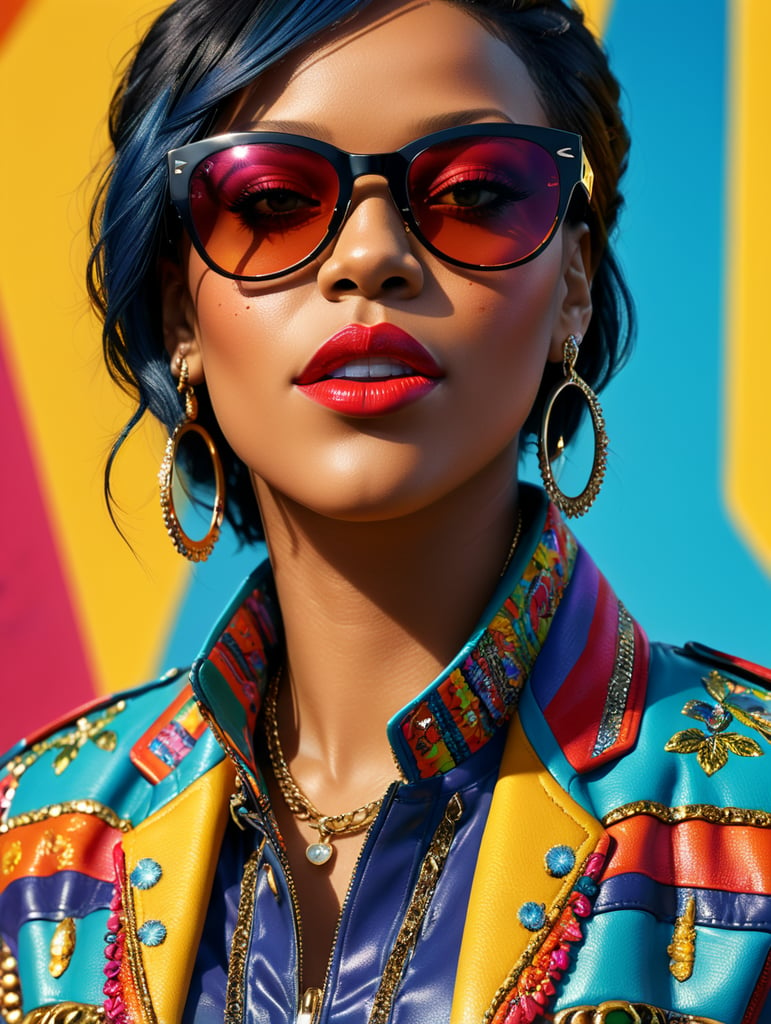 Rihanna wearing a brightly patterned jacket and wayfarer glasses, Vivid saturated colors, Contrast color