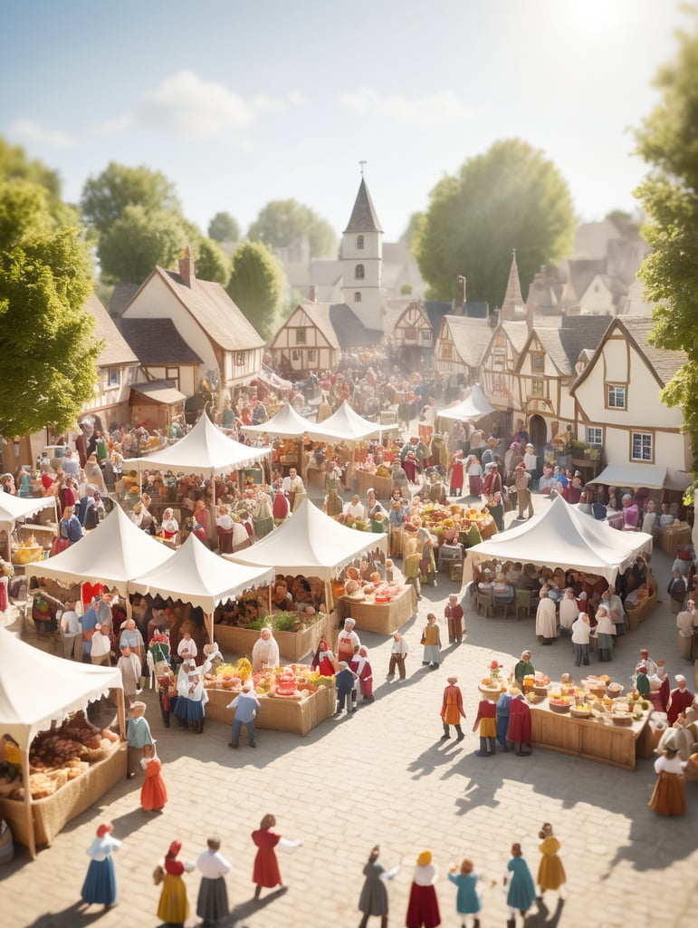 A medieval-inspired creative concept is depicted in a tilt-shift photograph capturing the joyful ambiance of a village fete and fair