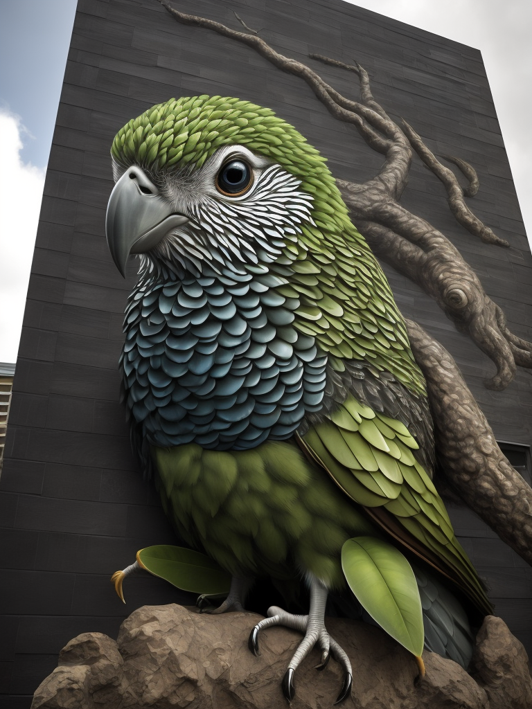 chinese mural kakapo made of clouds on a diorite wall, , in the style of carrie ann baade, futuristic chromatic waves, photorealistic detail, sculpted, ray collins, porcelain, dreamlike abstraction