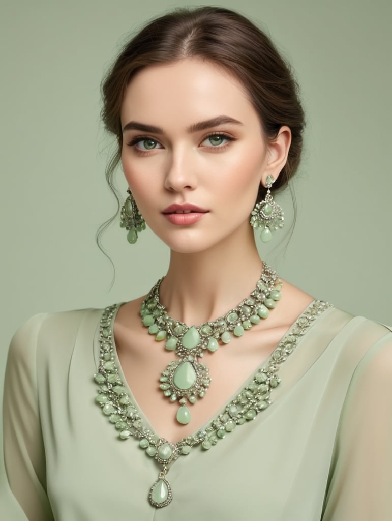 BEAUTIFUL LADY PALE GREEN BLOUSE NECKLACE EARRINGS