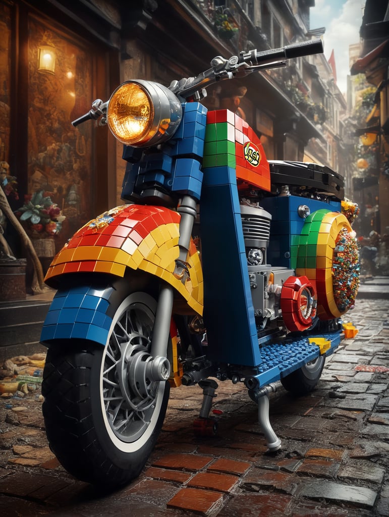 A stunning interpretation of vintage extreme scooter, made of Lego pieces, advertisement, highly detailed and intricate, colorful, hypermaximalist,