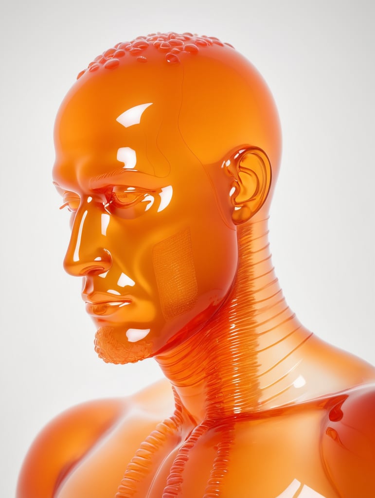 Portrait of a Translucent orange man made from the jelly, organs are visible through the jelly
