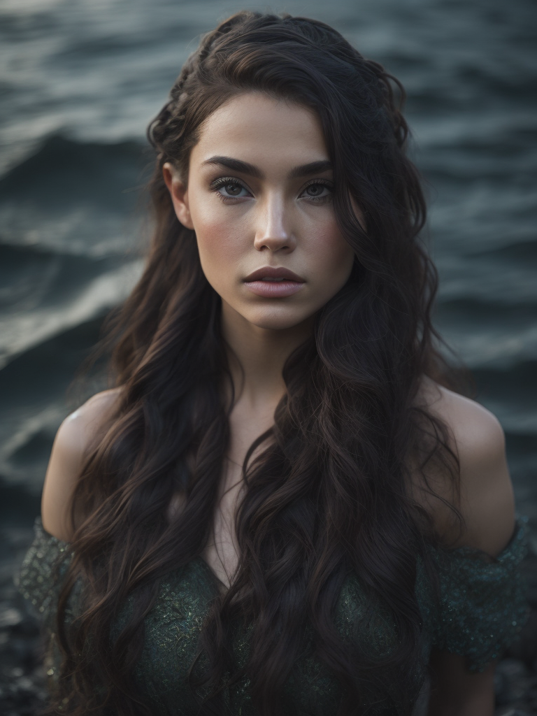 realistic looking full body mermaid with black wet hair, seaweed tangled in her hair in dark water with viking braids,holding weapons and a serious look on her face beautiful at night with a lot of detail and other warrior mermaids surrounding her