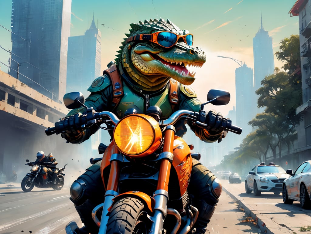 a crocodile with a gun on a motorcycle wearing a helment and sun glasses in front of a city