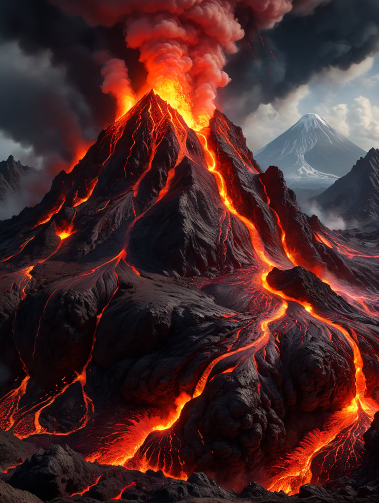 Red-hot lava erupting from a volcano , photorealistic