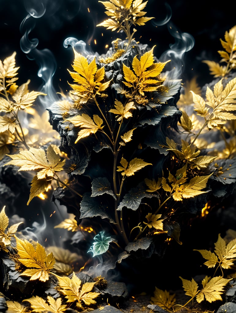 cured live resin concentrates exploding golden weed leaves floating in the gold ground, smoke 4k photo-realistic