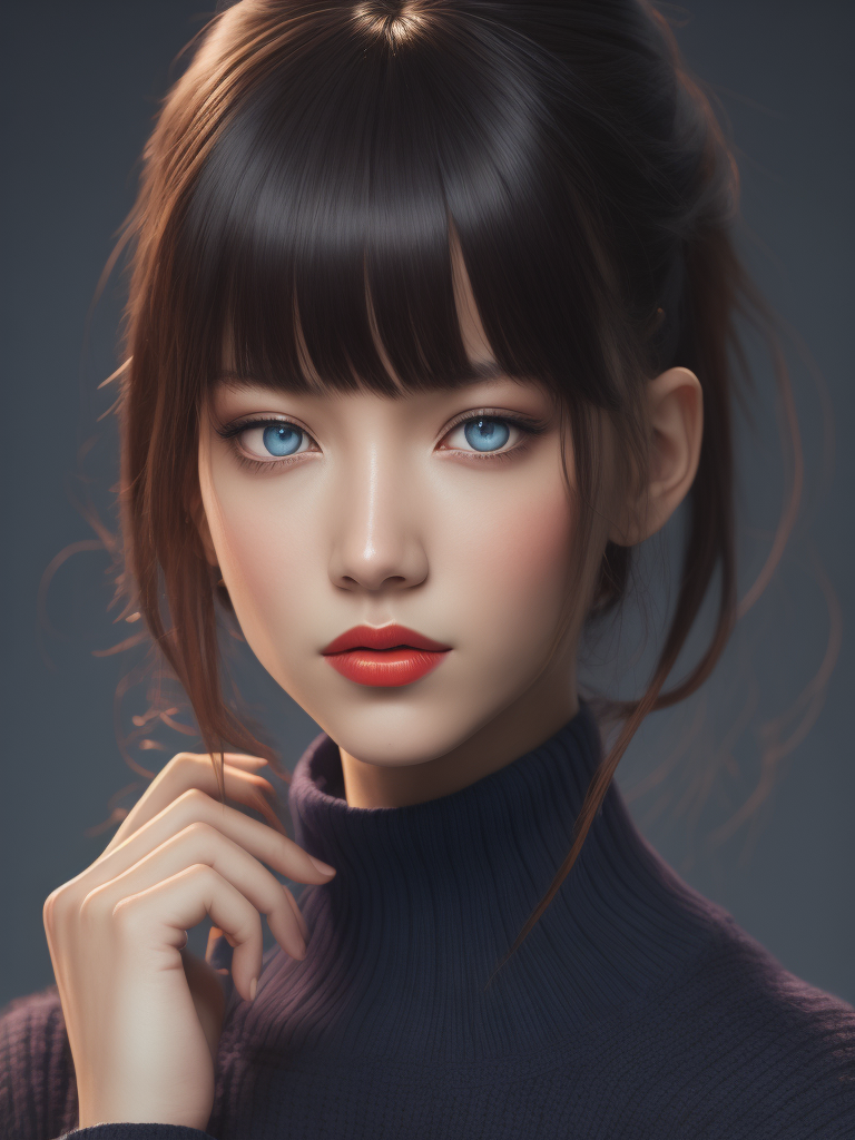 1girl, tohsaka rin, solo, long hair, sweater, red sweater, looking at viewer, blue background, black hair, simple background, two side up, turtleneck, blue eyes, lips, closed mouth, ribbon, hair ribbon, bangs, turtleneck sweater, upper body, parted bangs, black ribbon, ribbed sweater, twintails, nose,