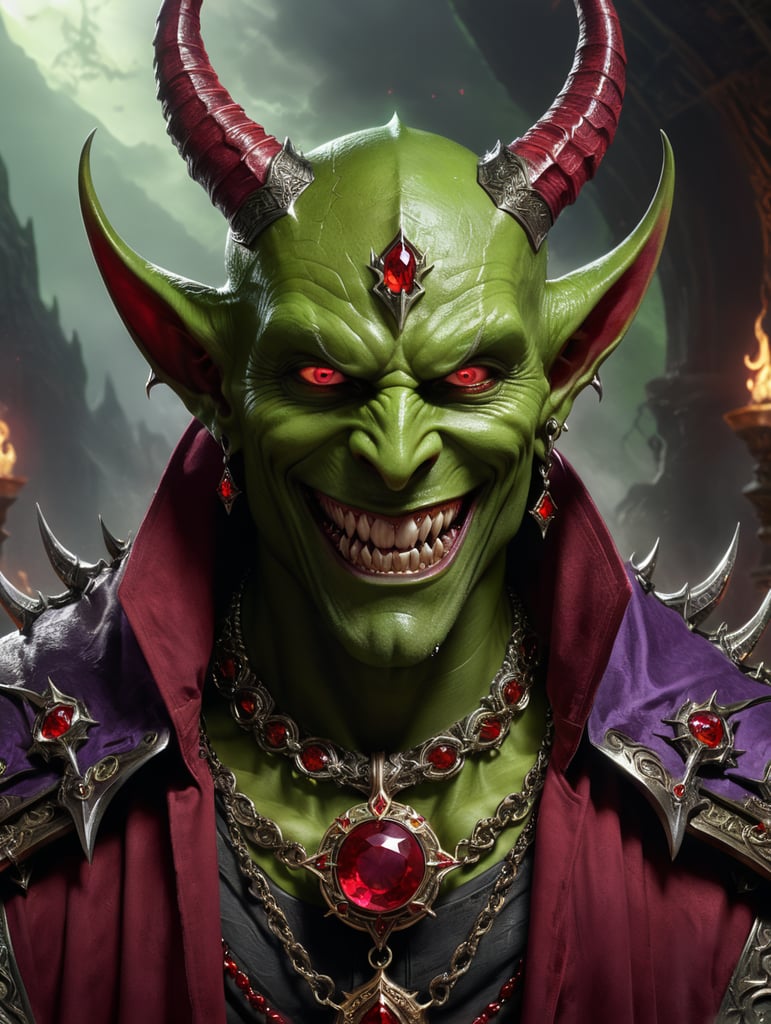 Warlock tiefling devil horns purple eyes fanged smile green power Ruby necklace red cloak