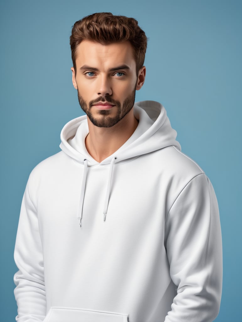 photography of a man wearing blank white hoodie, isolated, blue background, style of James Bidgood, mockup, mock up