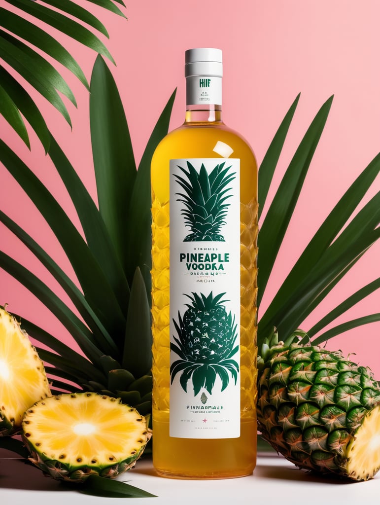 Packaging and branding for a pineapple vodka brand as if it had been designed by HI ESTUDIO with In a set design with pineapple, pineapple leaves.