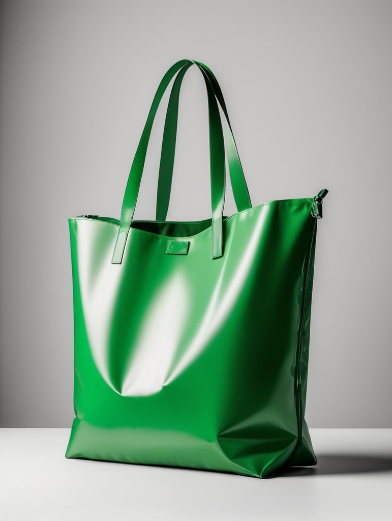 Inflatable vibrant green minimalist women's bag, isolated, grey background, mockup