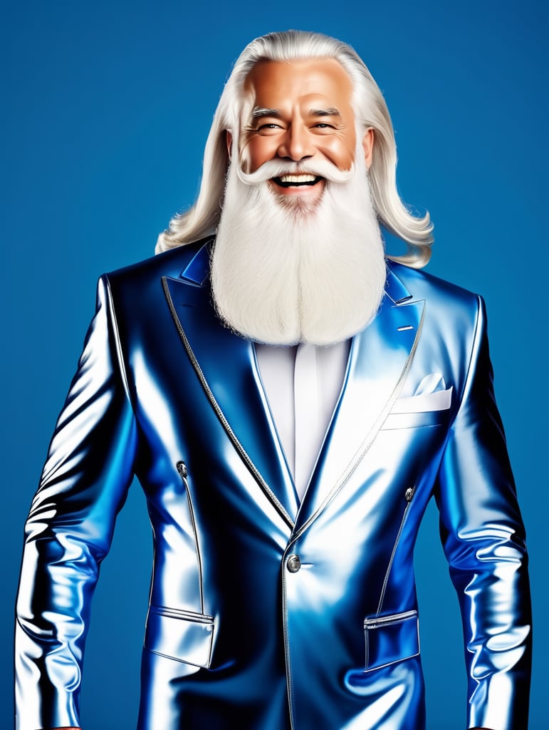 Santa Claus with a long thick white beard, dressed in a silver chrome suit, in a cheerful mood, professional studio photo, bright blue background, bright colors