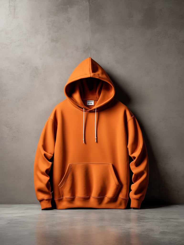 drop shoulder orange vintage washed hoodie without drawstrings blank mockup, laying on a concrete floor