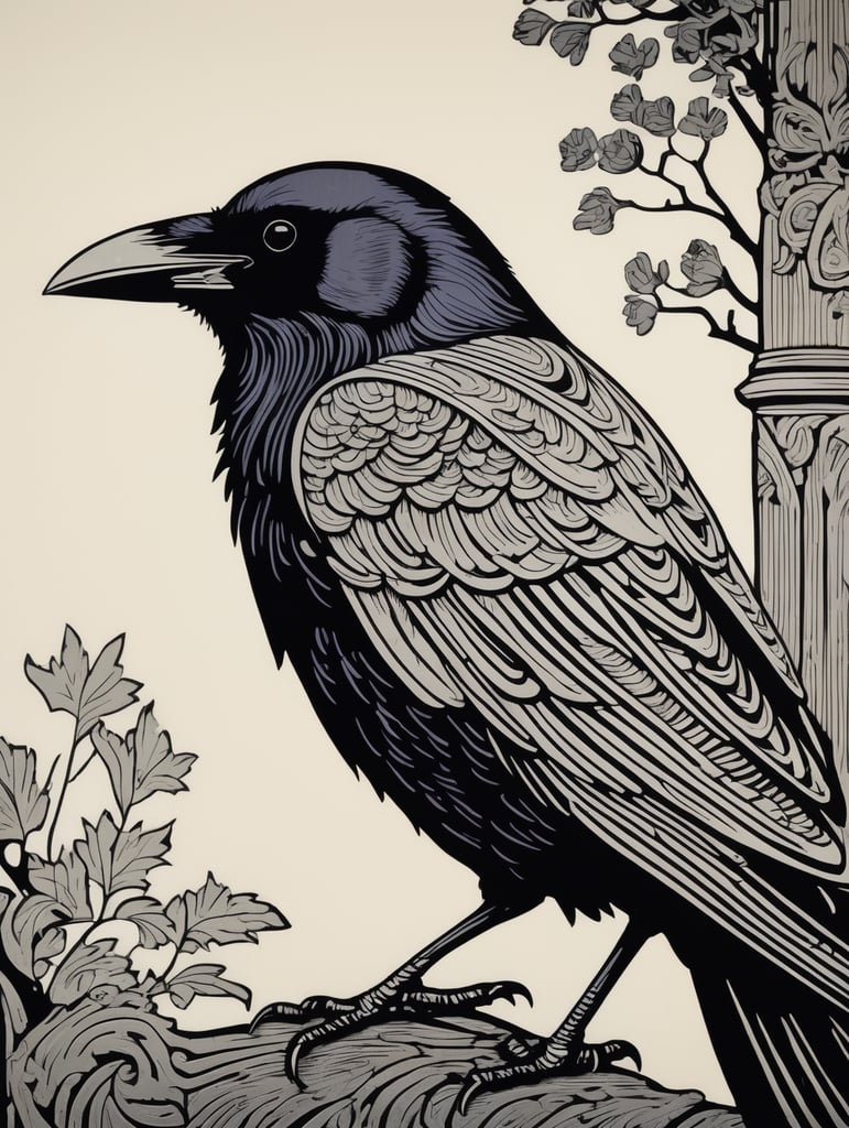 16th century style woodcut, raven, black and white, bold lines