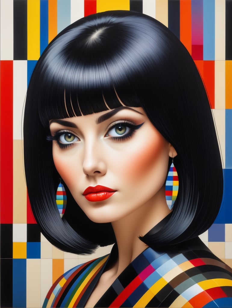 Portrait of a woman with black hair, style of Yaacov Agam