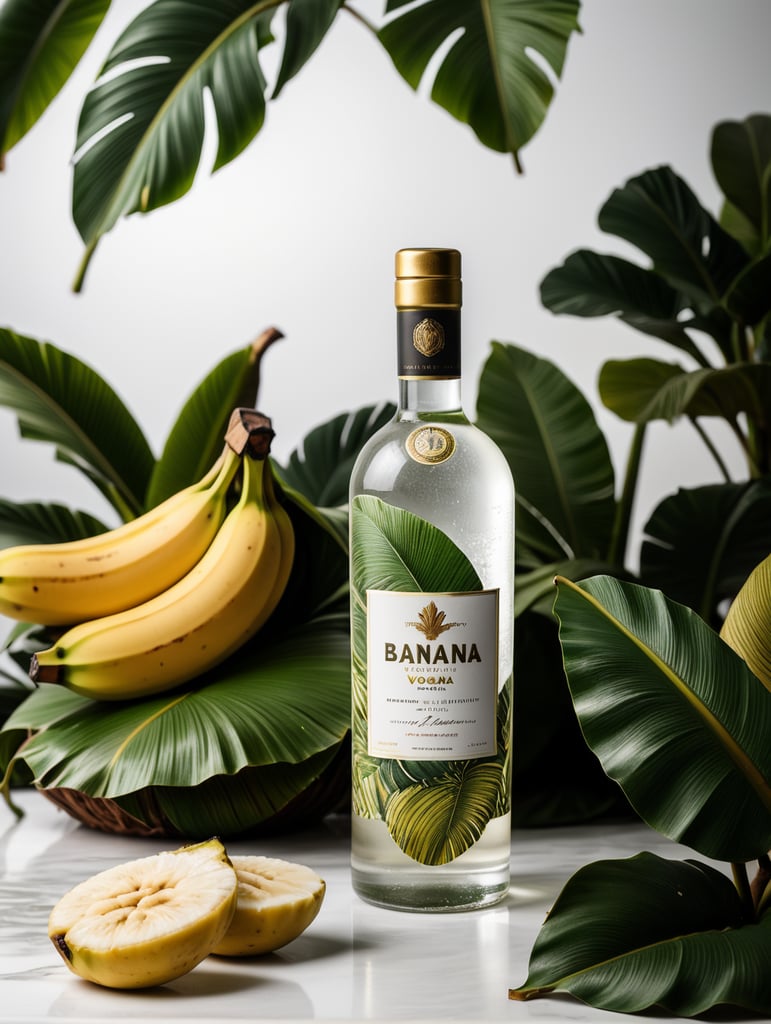 Packaging and branding for a banana vodka brand as if it had been designed by HI ESTUDIO with In a set design with banana, and banana leaves.