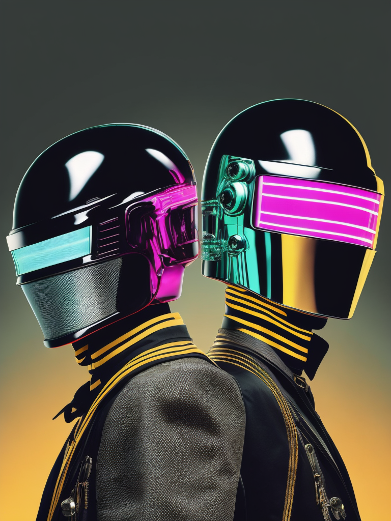 Portrait of daft punk, ultra realism, super detailed, neon colors, magazine cover, professional shot, magazine photography, bright saturated colors, sharp focus, highly detailed