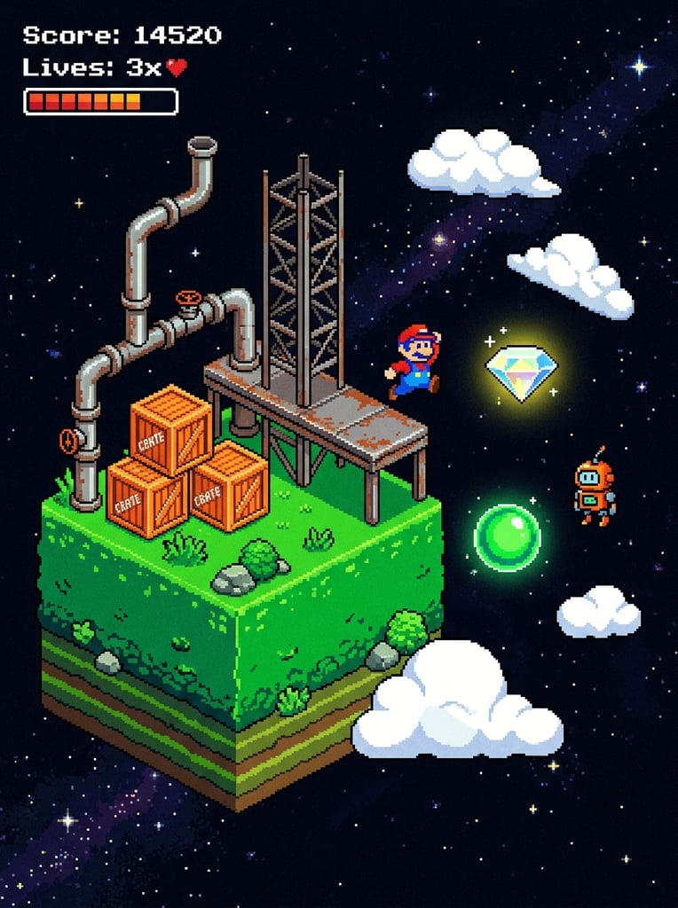 Retro 2D pixel art platformer assets float against a dark background. A green terrain block supports metallic structures, pipes, and orange crates. Pixelated white clouds, a floating diamond, a green orb, and two tiny character sprites complete the classic 8-bit video game aesthetic.