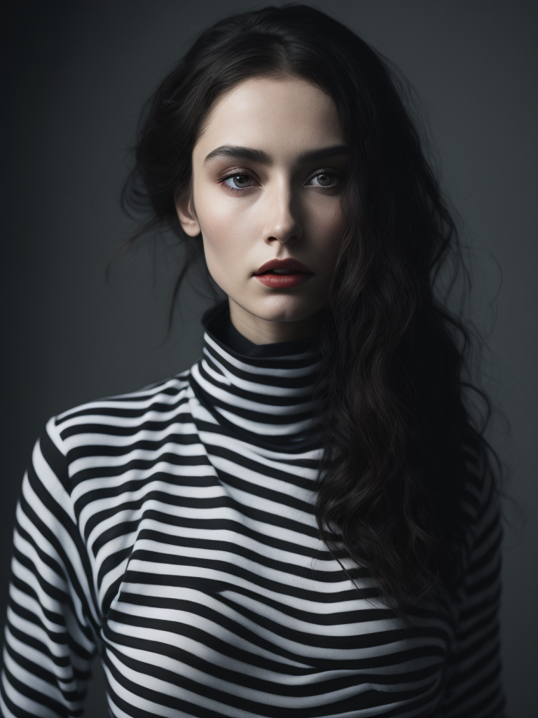 Pale-skinned girl model, wearing a black and white striped dress with a high collar, contrast lighting, Bright red make-up, Black and white curly long hair, dark background, fashion model, magazine cover, professional shot,