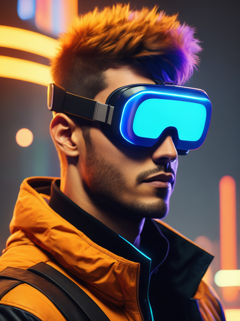 Man wearing virtual reality glasses, cyberpunk style, neon colors, bright colors, bright blue glowing glasses, sharp details, contrasting light