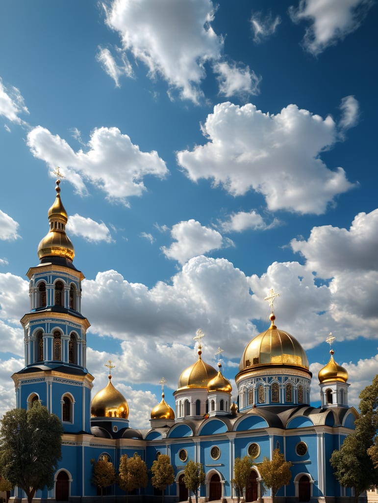 monumental orthodox church, high quality photo, delicate gold detailing, beautiful blue sky, golden dome