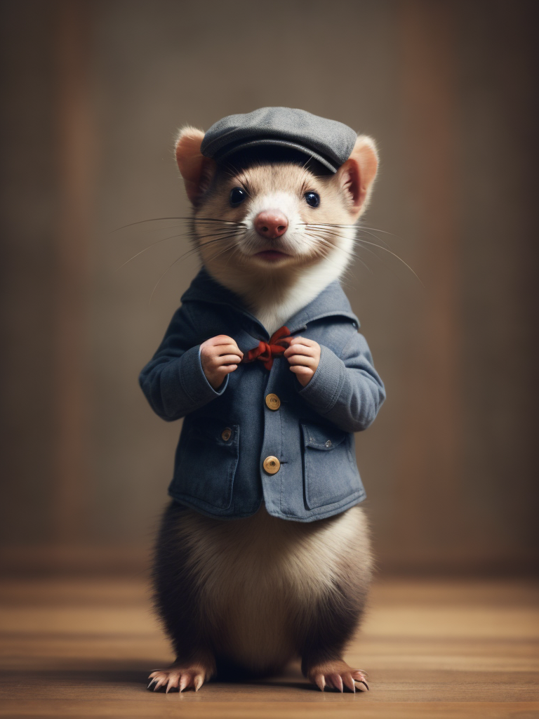 A charming photo of a small anthropomorphic ferret. He is wearing a newsboy cap and has a very long torso masterpiece, ultra-quality, hyperrealistic, RAW photo, highly detailed, 4k, medium shot, cinematic photography, natural texture, action shot, XF IQ4, 150MP, 50mm, ISO 1000, 1 250s, natural light