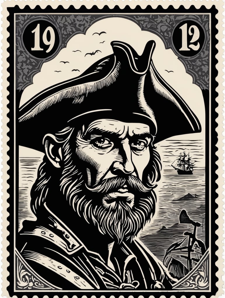 Black and white linocut postage stamp old pirate thick bold dark lines