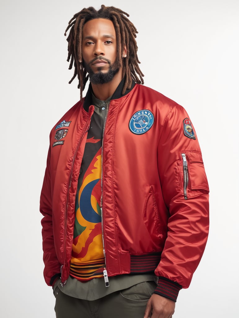 a man with dreadlocks on his head is wearing a colored jersey and a red bomber jacket