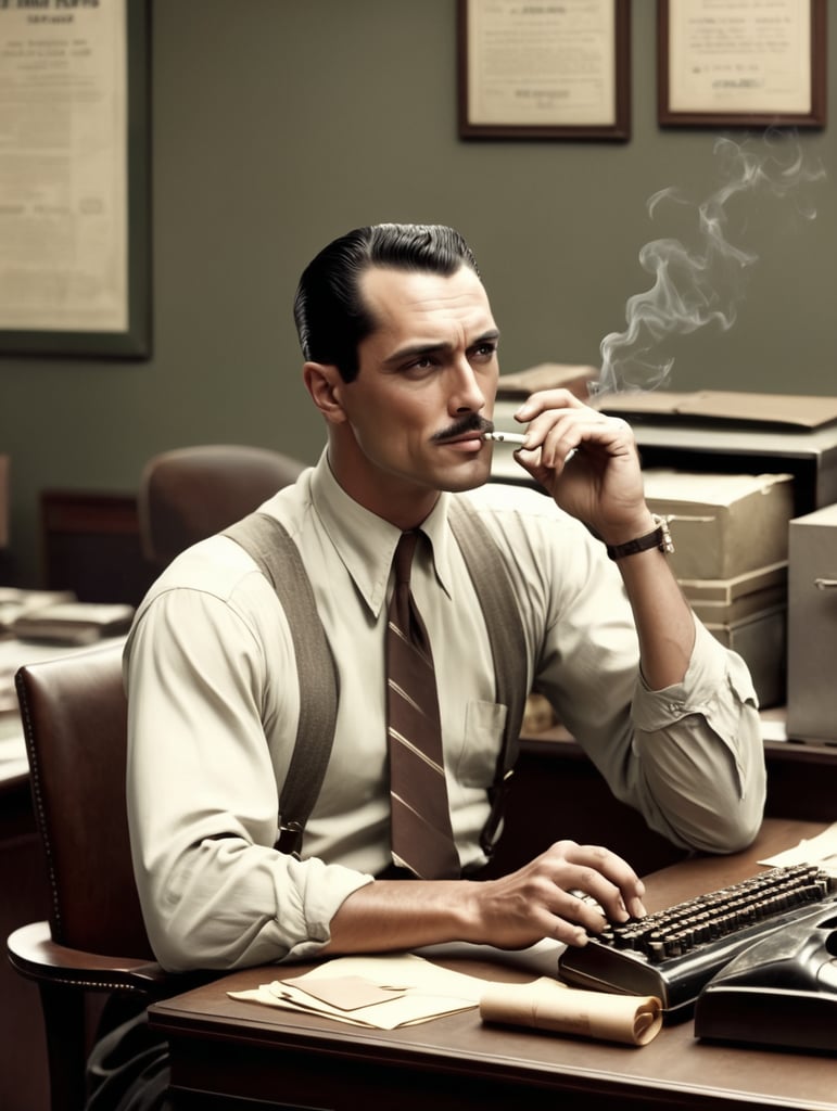 Hollywood 1940's, one armed man, smoking a cigarette, typing on a vintage in an office,