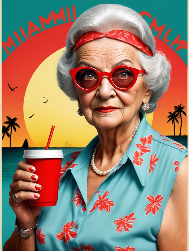 Miami granny holding a red cup eye-catching poster-style drawing and illustration representing the iconic pulp style.
