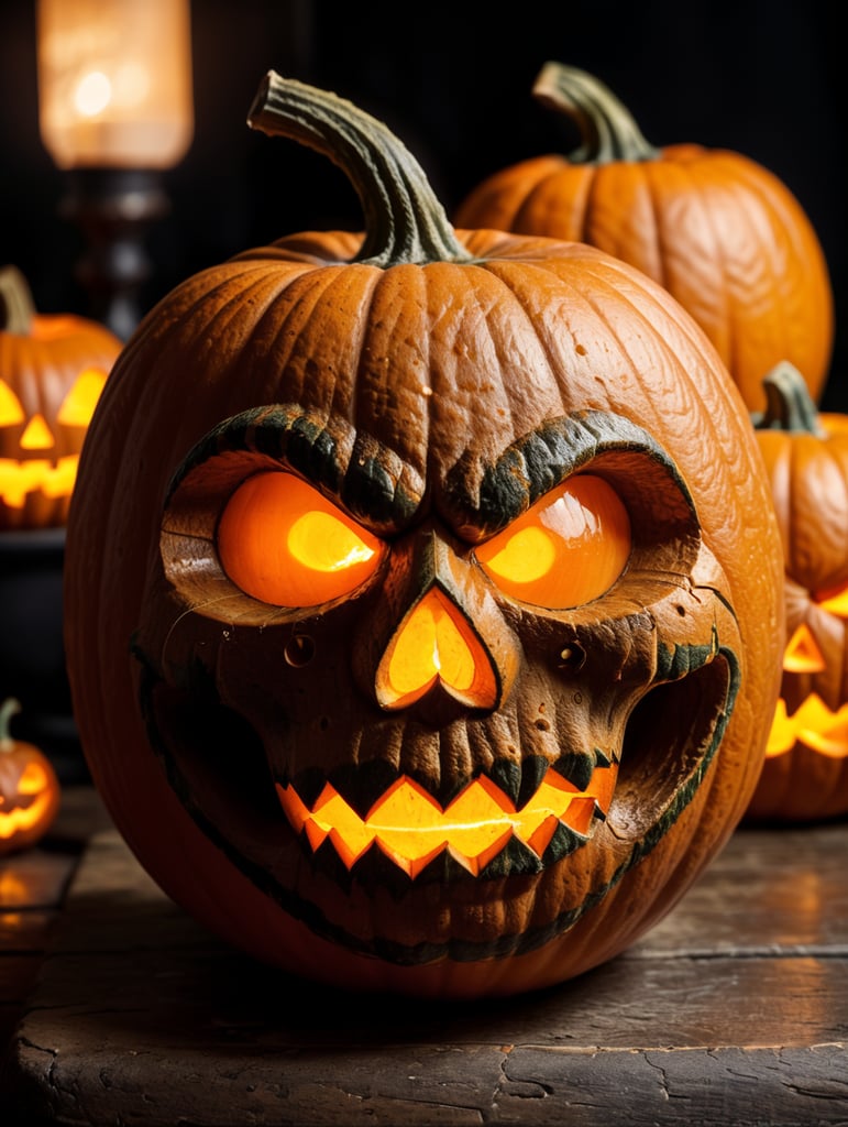 Halloween pumpkin photorealistic illustration, scary, dark