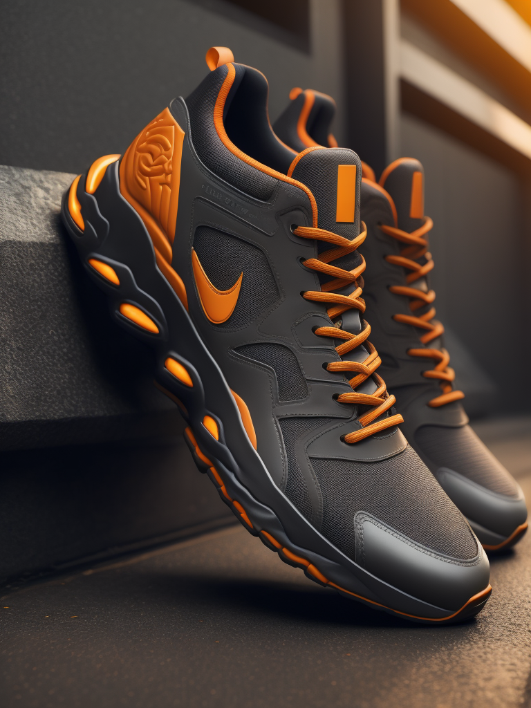 hyper realistic image of hi-tech sports puffy sneakers modern fashion in orange and grey colors, sci-fi, deep atmosphere, saturation, vibrance, sharp on details