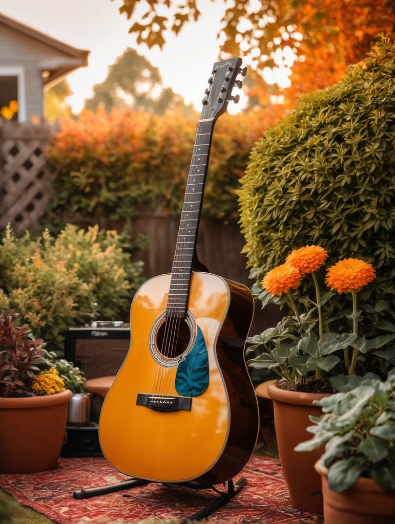 Backyard garden, guitar made of plants, colorful autumn theme, beer, pizza