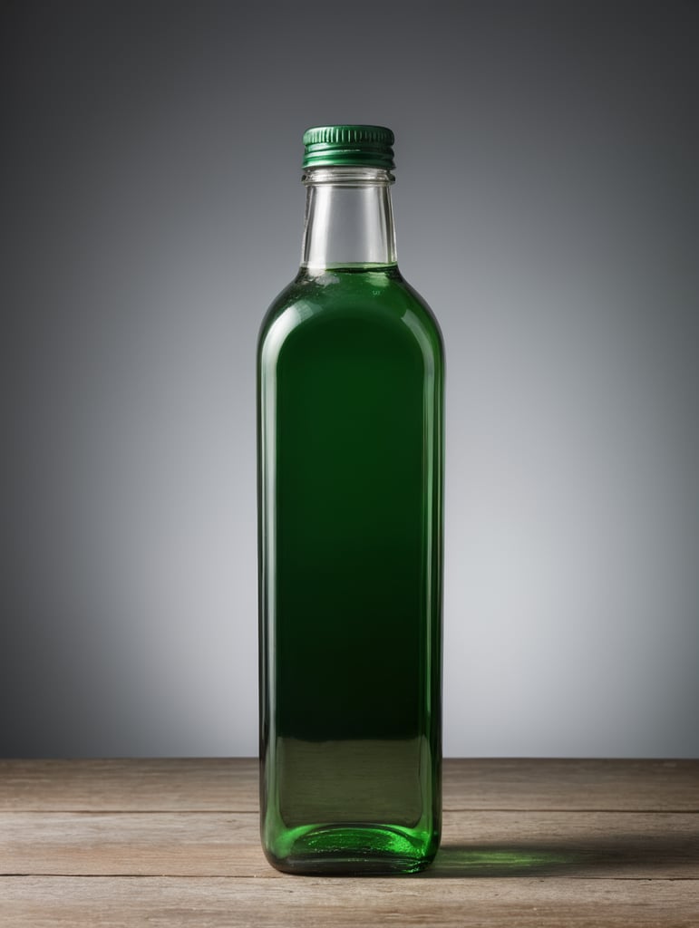 square Green glass bottle with mineral water mockup, no label, isolated, grey background