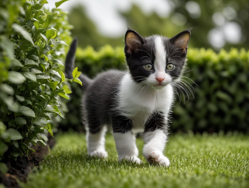 Side view of Black and white kitten walking along the top of a hedge with small green leaves. Hedge growing out of grass lawn.